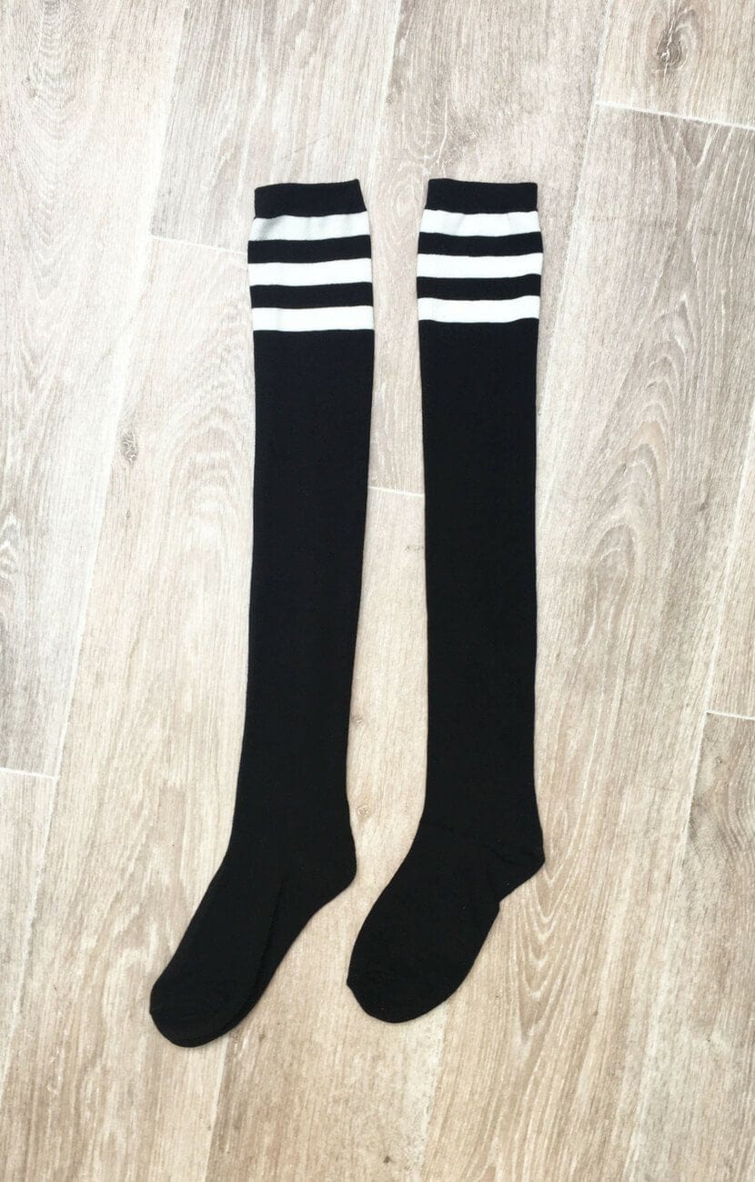 Black Thigh High Socks with White Stripe - Image 3