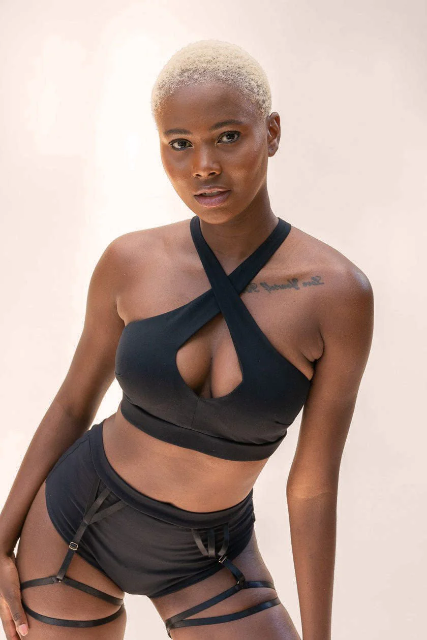 Roxy Top - Cross Over Cut Out Halter Top Black - Image 5